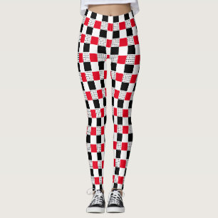 Red and black and white modern abstract checkered leggings