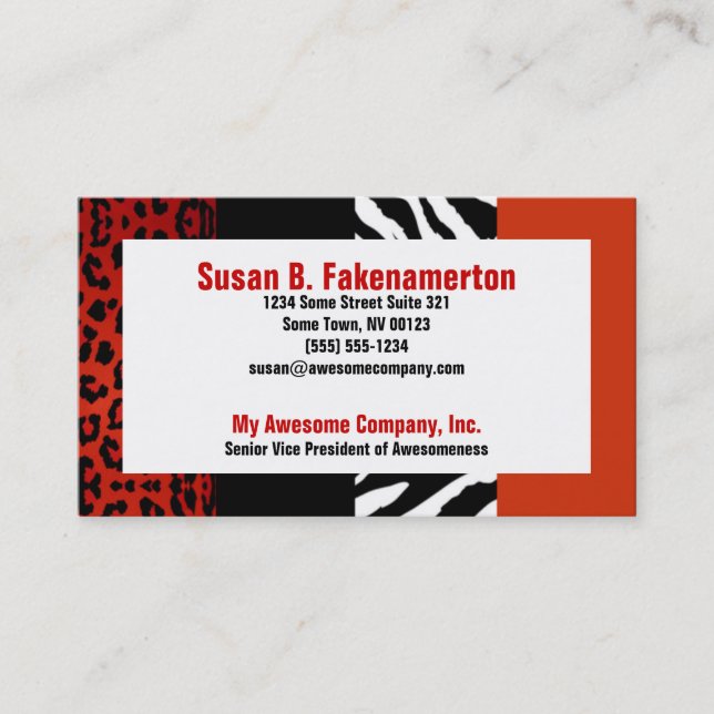 Red and Black Animal Print Zebra and Leopard Business Card (Front)