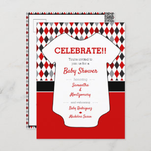 Red and Black Argyle Pattern Baby Shower Postcard