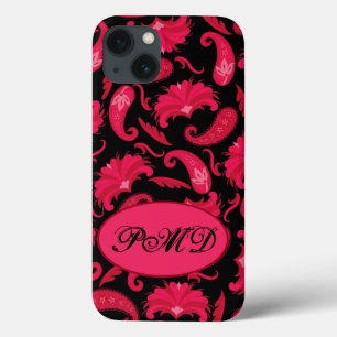 Red and Black Art Deco Paisley Monogram iPhone 13 Case