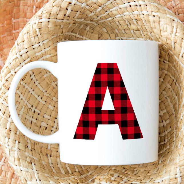Red and Black Buffalo Check Bold Letter A Monogram Coffee Mug (Red Buffalo Plaid Monogram A Coffee Cup)