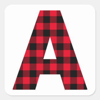 Red and Black Buffalo Check Bold Letter A Monogram Square Sticker