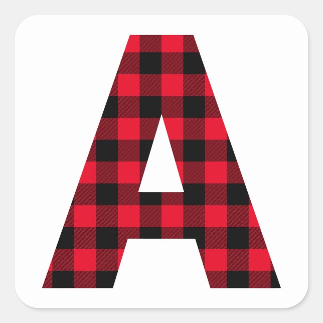 Red and Black Buffalo Check Bold Letter A Monogram Square Sticker (Front)