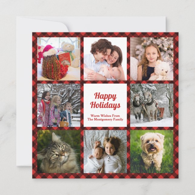Red and Black Buffalo Check Eight Custom Photos Holiday Card (Front)
