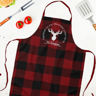 Red and Black Buffalo Check Family Name Apron