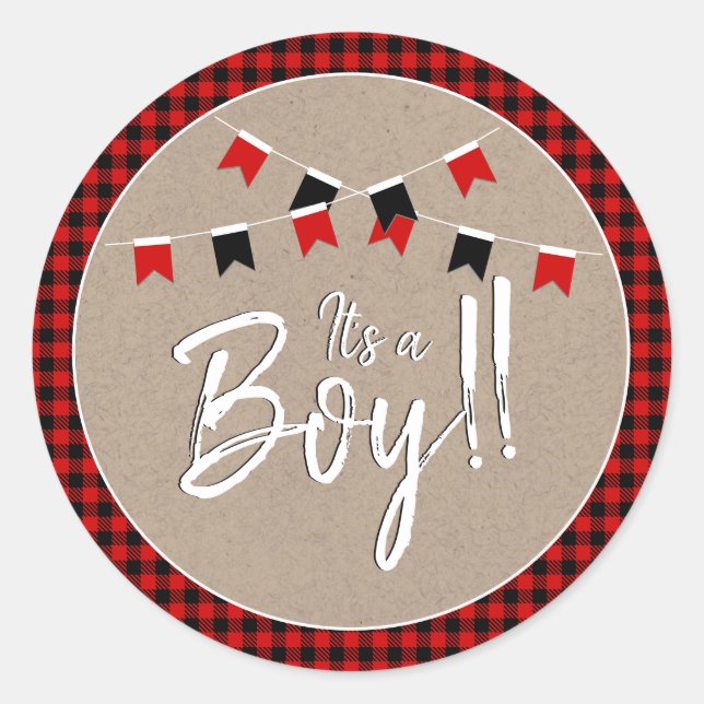 Red and Black Buffalo Check It's A Boy Baby Shower Classic Round Sticker (Front)