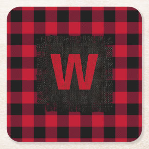 Red and Black Buffalo Check Mongram Square Paper Coaster