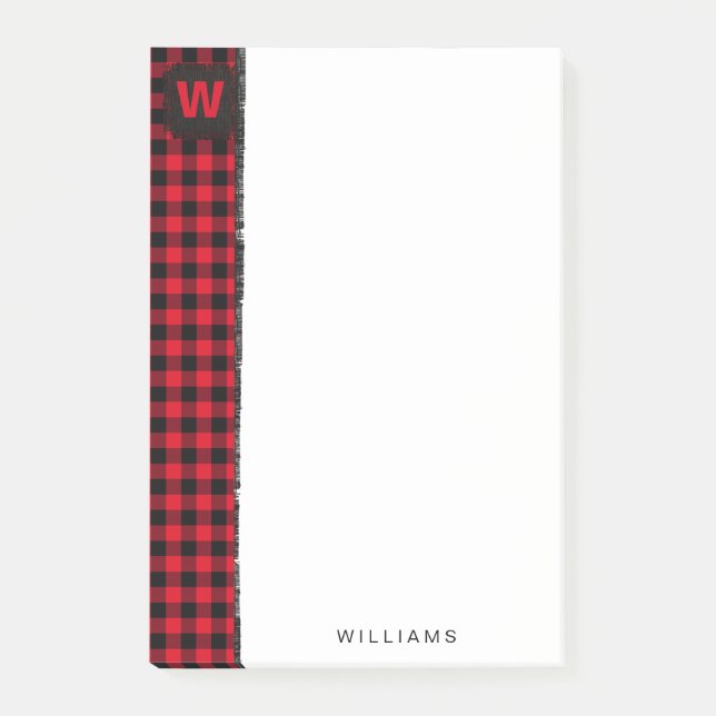 Red and Black Buffalo Check Monogram 4 x 6 Post-it Notes (Front)