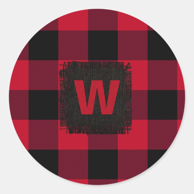 Red and Black Buffalo Check Monogram Classic Round Sticker (Front)