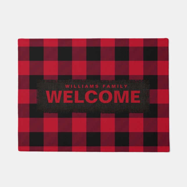 Red and Black Buffalo Check Monogram Doormat (Front)