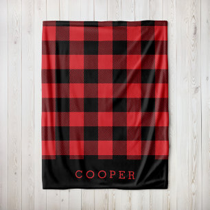 Red and Black Buffalo Check Monogram Fleece Blanket