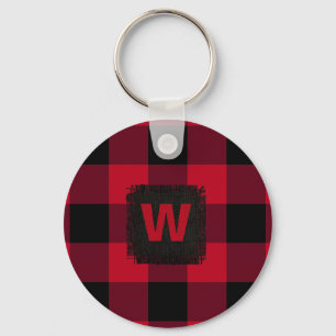 Red and Black Buffalo Check Monogram Key Ring