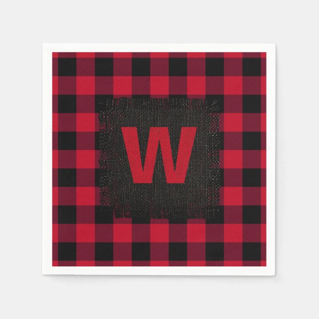 Red and Black Buffalo Check Monogram Napkin (Front)