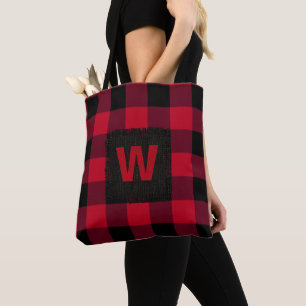 Red and Black Buffalo Check Monogram Tote Bag