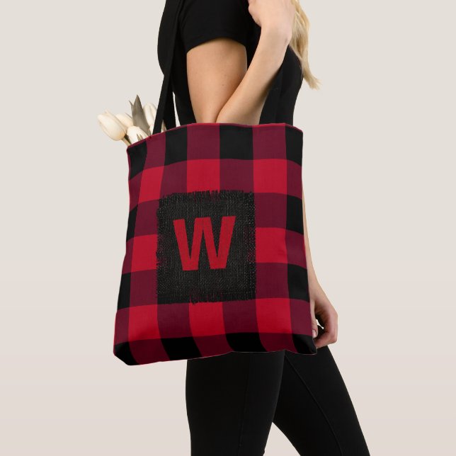 Red and Black Buffalo Check Monogram Tote Bag (Close Up)