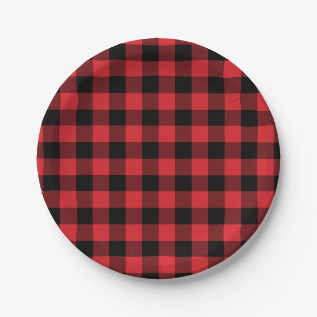 Red and Black Buffalo Check Plaid Pattern Paper Plate (Front)