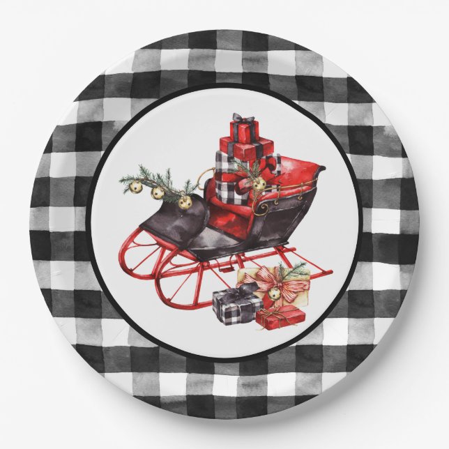 Red and Black Buffalo Check Sleigh and Packages Pa Paper Plate (Front)