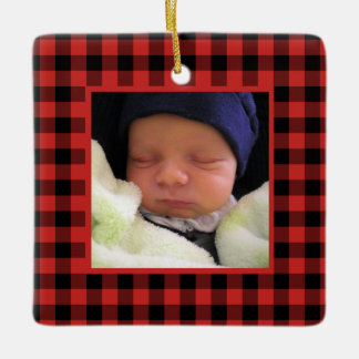 Red and Black Buffalo Plaid Baby's First Christmas Ceramic Ornament