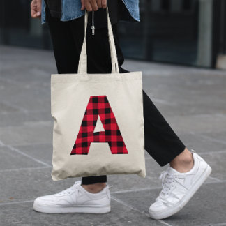 Red and Black Buffalo Plaid Bold Letter A Monogram Tote Bag