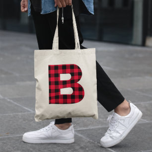 Red and Black Buffalo Plaid Bold Letter B Monogram Tote Bag