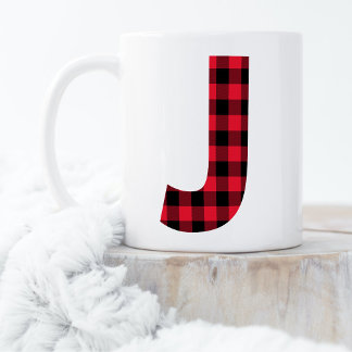 Red and Black Buffalo Plaid Bold Letter J Monogram Coffee Mug