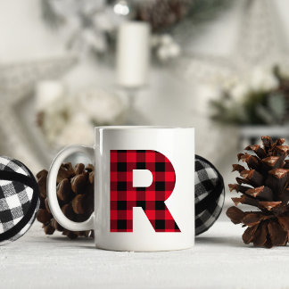 Red and Black Buffalo Plaid Bold Letter R Monogram Coffee Mug