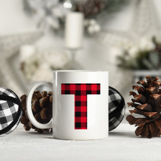 Red and Black Buffalo Plaid Bold Letter T Monogram Coffee Mug