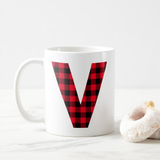 Red and Black Buffalo Plaid Bold Letter V Monogram Coffee Mug