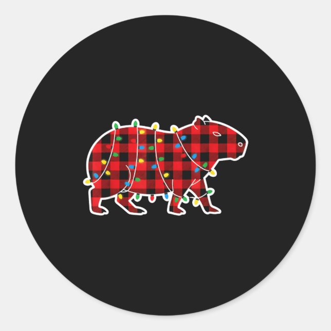 Red And Black Buffalo Plaid Capybara Christmas Lig Classic Round Sticker (Front)