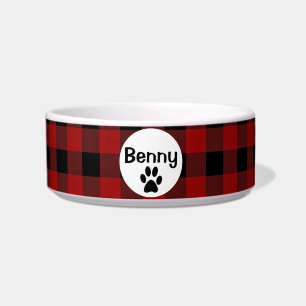 Red and Black Buffalo Plaid Ceramic Pet Bowl