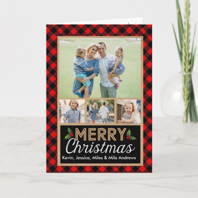 Red and Black Buffalo Plaid Check Christmas Card (Front)