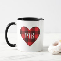 Red and Black Buffalo Plaid/Check Monogram Heart