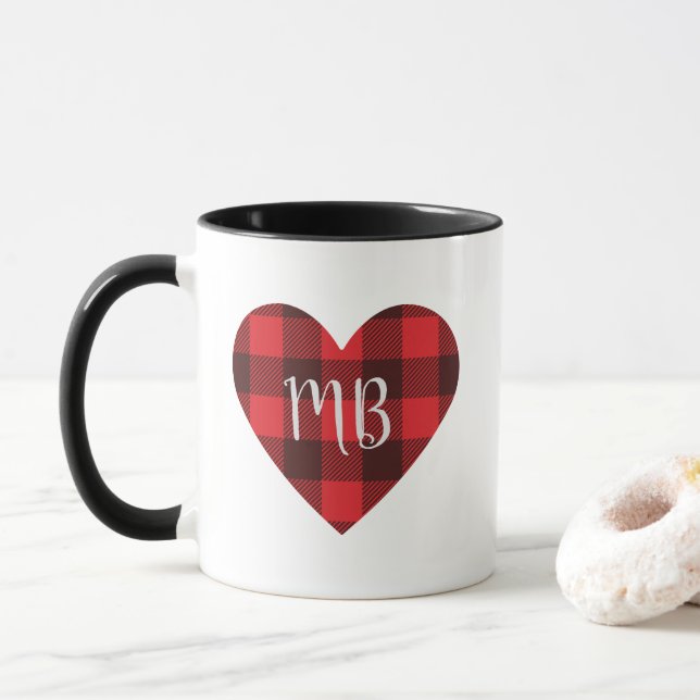 Red and Black Buffalo Plaid/Check Monogram Heart Mug (With Donut)