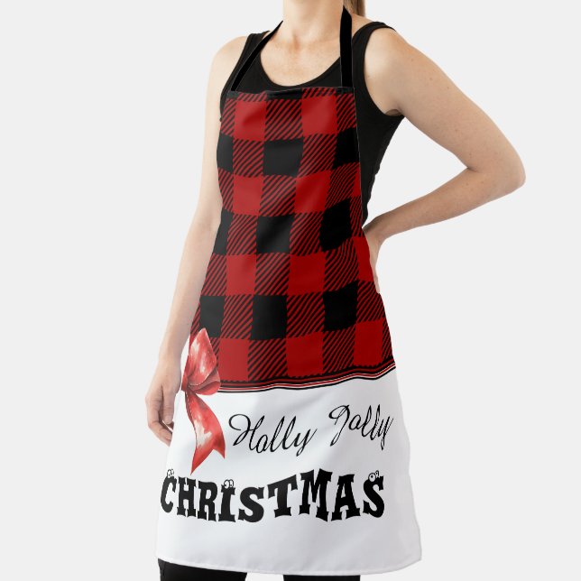 Red and Black Buffalo Plaid Check Watercolor Bow Apron (Insitu)