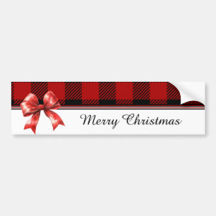 Red and Black Buffalo Plaid Check Watercolor Bow Bumper Sticker