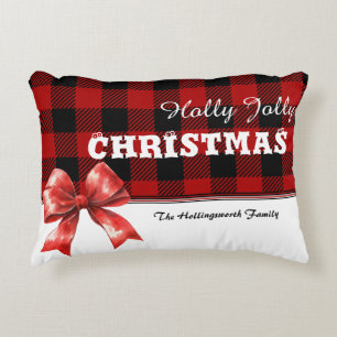 Red and Black Buffalo Plaid Check Watercolor Bow Decorative Cushion