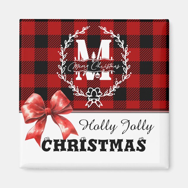 Red and Black Buffalo Plaid Check Watercolor Bow Magnet (Front)