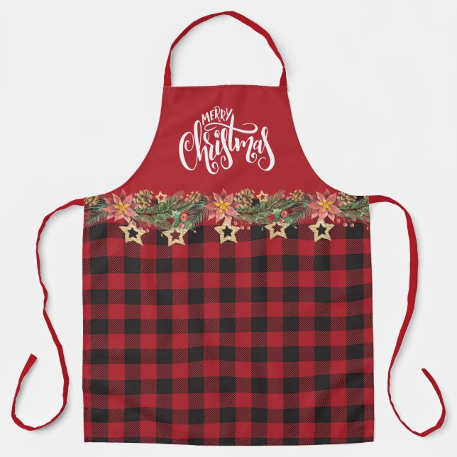 Red And Black Buffalo Plaid - Christmas Floral Apron (Front)