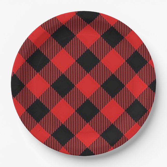 Red and Black Buffalo Plaid Christmas Party Plates (Front)