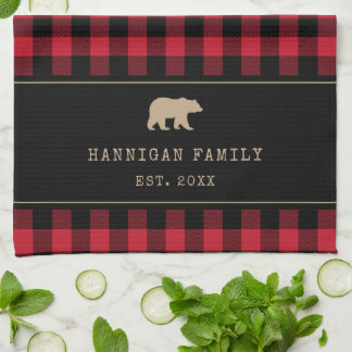 Red and Black Buffalo Plaid Custom Family Name  Tea Towel