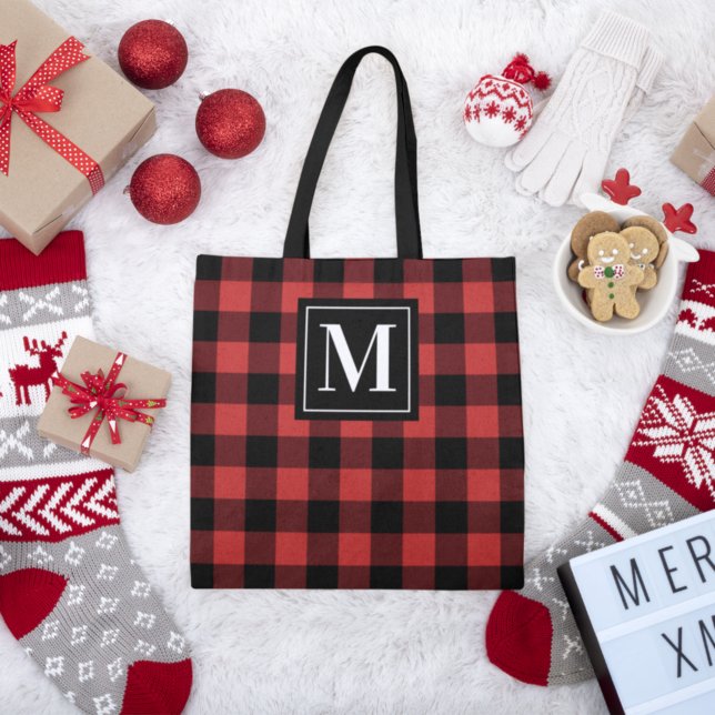 Red and Black Buffalo Plaid Custom Monogram Tote Bag (Creator Uploaded)