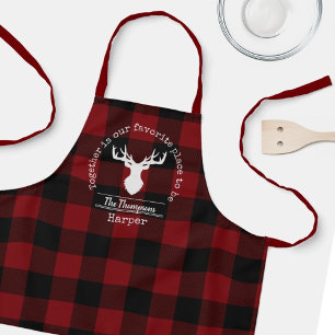 Red and Black Buffalo Plaid Deer Family Name Apron