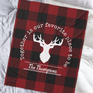 Red and Black Buffalo Plaid Deer Family Name Fleece Blanket