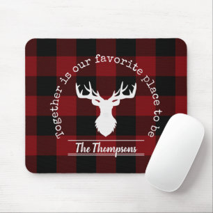 Red and Black Buffalo Plaid Deer Family Name Mouse Mat