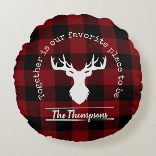 Red and Black Buffalo Plaid Deer Family Name Round Cushion
