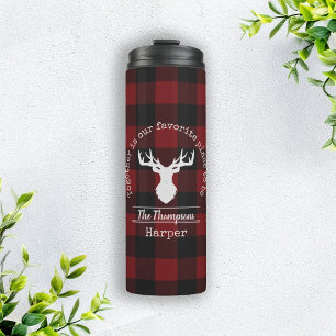 Red and Black Buffalo Plaid Deer Family Name Thermal Tumbler