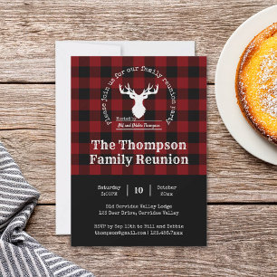 Red and Black Buffalo Plaid Deer Family Reunion Invitation