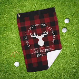 Red and Black Buffalo Plaid Family Name Golf Towel