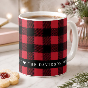 Red and Black Buffalo Plaid Family Name Holiday Coffee Mug