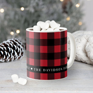 Red and Black Buffalo Plaid Family Name Holiday Coffee Mug